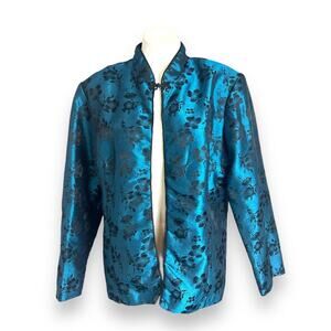 Vtg Floral Asian Jacket Sz 18 Mandarin Collar Open Front RM Richards Satin USA